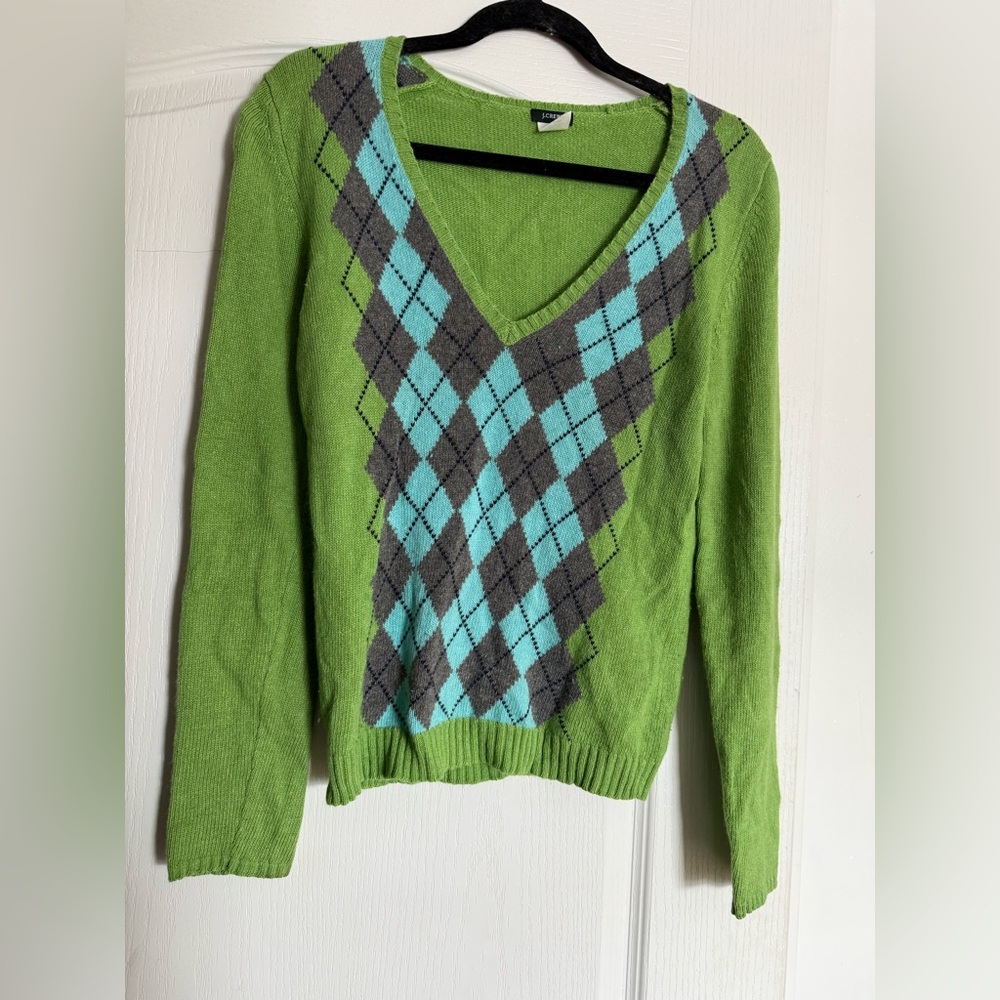 J.Crew Cashmere Merino Wool Rabbit Vibrant Green V-Neck Sweater Argyle Pattern